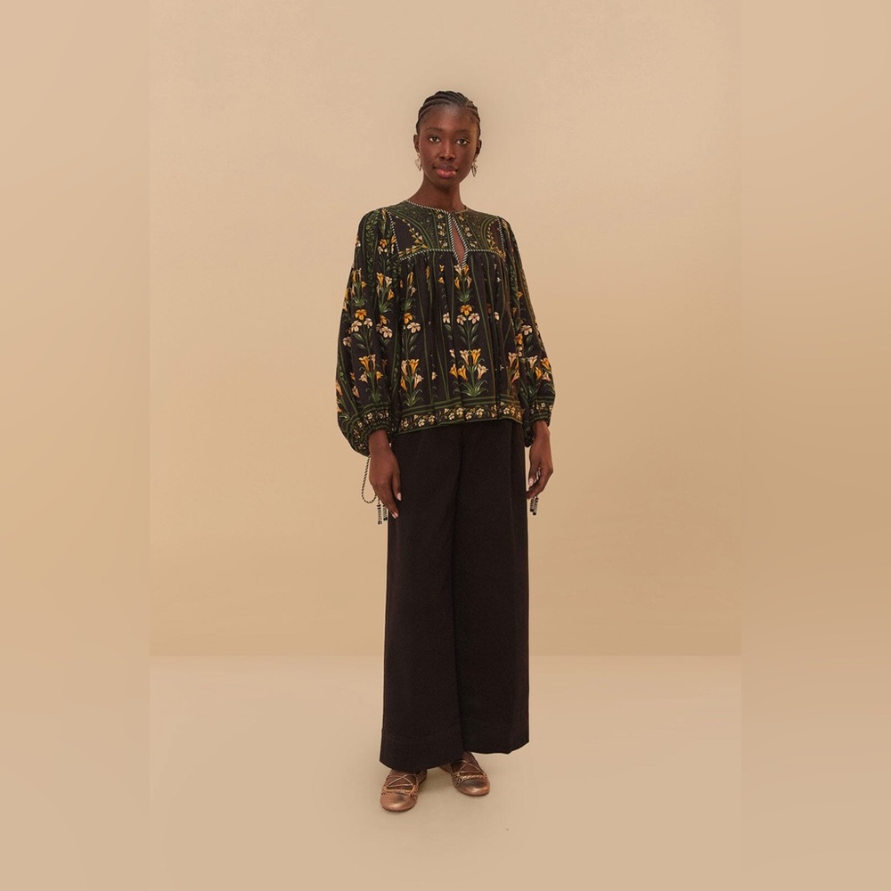 Farm Rio Black Twill Belted Wide Pants